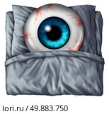 Insomnia and sleeping problems concept as a human eye ball with red veins in a bed with a pillow as a symbol of the health risks of nighttime sleepnessness disorder. Стоковое фото, агентство Ingram Publishing / Фотобанк Лори