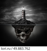 Dangerous advice and bad direction concept as a glowing lighthouse beacon on a rock island shaped as an underwater human skull on a dark background as a metaphor for dishonesty and deception. Стоковое фото, агентство Ingram Publishing / Фотобанк Лори