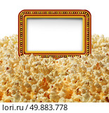 Cinema popcorn with a blank movie marquee sign as an entertainment communication symbol for TV shows or theater performances isolated on a white background. Стоковое фото, агентство Ingram Publishing / Фотобанк Лори