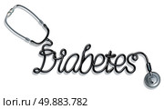 Diabetes concept as a doctor stethoscope shaped as text as medical health care symbol of diabetic care and diagnosis of blood sugar condition on a white background. Стоковое фото, агентство Ingram Publishing / Фотобанк Лори