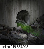 Polluted comunity and contaminated water concept as an exterior city tube shaped as a human head releasing toxic substances into the fragile environment as a symbol for illegal  industrial waste dump and environmental dangers. Стоковое фото, агентство Ingram Publishing / Фотобанк Лори