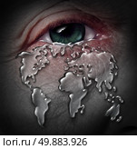 Global crisis and globe stress with a human tear drop flowing from a sad depressed eye shaped as a world map as a concept for environmental damage to the planet or an economic international problem concept. Стоковое фото, агентство Ingram Publishing / Фотобанк Лори