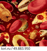 High cholesterol medical concept with a human blood vessel or blocked artery that is clogged by unhealthy food as hamburgers and fried foods as a health risk or dieting and nutrition problems as eating fat. Стоковое фото, агентство Ingram Publishing / Фотобанк Лори