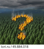 Forest fire concept as a raging wildfire burning through a forest of pine trees shaped as a question mark as a symbol for safety information and safety issues during a dry heat weather period causing an environmental disaster. Стоковое фото, агентство Ingram Publishing / Фотобанк Лори