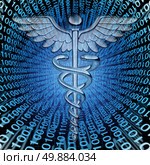 Medical data and the future of health care databases technology concept as a caduceus medicine symbol on a background of binary code as an icon of  hospital patient information management. Стоковое фото, агентство Ingram Publishing / Фотобанк Лори