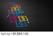 Paying for school concept and education financing business concept as a chalk drawing of a hopscotch game on a floor with dollar signs as a symbol of student loans and paying for affordable schooling fees in private and public system. Стоковое фото, агентство Ingram Publishing / Фотобанк Лори