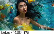 A woman wearing a bright yellow dress submerged underwater. Стоковое AI-изображение, AI-художник Данила Большаков / Фотобанк Лори
