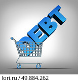 Consumer debt financial concept as a shopping cart dragging a three dimensional text as a credit problem symbol for challenges managing spending at retail stores. Стоковое фото, агентство Ingram Publishing / Фотобанк Лори