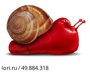 Business patience noncompetitive crisis and inferior competitive skill as a red boxing glove shaped as a snail in a unambitious metaphor for lack of innovation and weak sales success due to sluggish fighting spirit or long term strategy. Стоковое фото, агентство Ingram Publishing / Фотобанк Лори