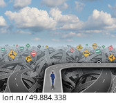 Shortcut direction concept and business detour decision symbol as a businessman walking on a road that avoids chaos confusion and a crisis as an icon for changing course and financial planning or strategy. Стоковое фото, агентство Ingram Publishing / Фотобанк Лори