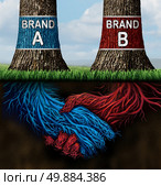 Business collusion concept as two trees representing companies with different market brands coming together secretively in a handshake as underground roots as a metaphor for market deception and fraudulent relationship. Стоковое фото, агентство Ingram Publishing / Фотобанк Лори