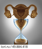 Female biological clock concept as a uterus and ovaries from the anatomy of a woman  as falling sand in an hourglass as a metaphor for the anxiety stress and pressure to get pregnant before the aging process of  human menopause. Стоковое фото, агентство Ingram Publishing / Фотобанк Лори