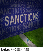 Economic sanctions as a global economy symbol for problems with political disputes affecting trade as a man standing in front of a brick wall with words as a metaphor for diplomatic challenges and failure resulting in government isolation. Стоковое фото, агентство Ingram Publishing / Фотобанк Лори