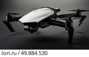 A white and black flying device hovers against a stark black background. The contrasting colors create a striking visual effect. Стоковое AI-изображение, AI-художник Данила Большаков / Фотобанк Лори