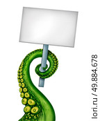 Alien creature banner as a blank sign with a creepy green ufo tentacle arm holding a white placard with copy space as a symbol for fantasy science fiction and scary creature from outer space. Стоковое фото, агентство Ingram Publishing / Фотобанк Лори