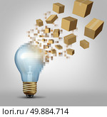 Idea to reality as a light bulb being digitally pixelated and the coded fragments transforming into packaged boxes of product as a business symbol for successful vision and visualizing goals. Стоковое фото, агентство Ingram Publishing / Фотобанк Лори