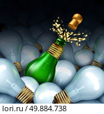 Happy new year idea concept as a group of light bulbs and a green glass Champagne or sparkling wine bottle shaped as a lightbulb with splash and flying cork as a celebration symbol of original creative party planning for New year’s eve. Стоковое фото, агентство Ingram Publishing / Фотобанк Лори