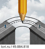 Bridging the gap business partnership concept as a giant pencil drawing a joining road to connect divided businessmen as a cooperation symbol of support and assistance to help in joining separate partners. Стоковое фото, агентство Ingram Publishing / Фотобанк Лори