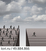 Solution leadership business concept as a group of business people running but blocked by a deep hole obstacle and one individual businessman solving the problem and proceeds to win over the competition as a success metaphor. Стоковое фото, агентство Ingram Publishing / Фотобанк Лори