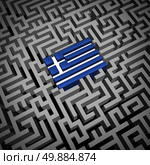 Greece crisis or Greek debt crisis and austerity management concept as the blue and white flag inside a complicated maze or labyrinth as an Athens financial metaphor for European economic social issues. Стоковое фото, агентство Ingram Publishing / Фотобанк Лори