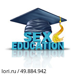 Sex education and sexual health learning program in a school curriculum concept as text with a graduation hat as a symbol for sex ed for teens and adolescents for the prevention of std problems and pregnancy risk. Стоковое фото, агентство Ingram Publishing / Фотобанк Лори