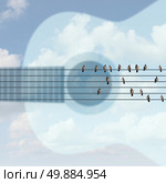 Outdoor musical concert concept as an open air music show symbol with a guitar shape in the sky with birds on six string electric wires as a summer celebration festival of jazz blues rock or country. Стоковое фото, агентство Ingram Publishing / Фотобанк Лори