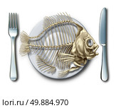 To the bone concept eating fish or bankrupt idea as a place setting with a fork and knife with an empty seafood skeleton on a plate as a business metaphor for debt or as a food hunger icon. Стоковое фото, агентство Ingram Publishing / Фотобанк Лори