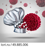 Cancer diet and healthy menu and nutritious recipes as a chef hat with open mouth and sharp teeth biting into and destroying a cancerous malignat cell as a medical health care symbol for medicinal eating. Стоковое фото, агентство Ingram Publishing / Фотобанк Лори