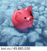 Frozen asset and budget freeze business concept or freezing wages financial symbol as a piggybank or piggy bank in ice and sinking in cold arctic water as a finance icon for not being able to sell an investent or redeem a fund. Стоковое фото, агентство Ingram Publishing / Фотобанк Лори