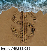 Financial loss business concept as a drawing of a money symbol drawn on a beach being washed out by an ocean wave as an economic icon for currency change or fading budget and laundering of finances. Стоковое фото, агентство Ingram Publishing / Фотобанк Лори
