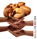 Community feed the poor assistance concept with a group of charitable hands representing diverse groups of people cooperating together to provide bread or food to the hungry and needy of society. Стоковое фото, агентство Ingram Publishing / Фотобанк Лори