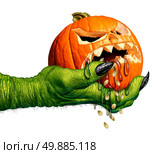 Monster hand holding a creepy pumpkin head jack o lantern that is dripping eerie liquid as a halloween symbol for horror and weird seasonal ritual on a white background. Стоковое фото, агентство Ingram Publishing / Фотобанк Лори