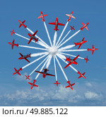 Global marketing concept as a coordinated group of acrobatic jet airplanes radiating out from a center point towards the world markets as a business symbol for spreading and communicating the message of a company or product brand. Стоковое фото, агентство Ingram Publishing / Фотобанк Лори