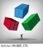 Freight cargo management concept as a businessman or shipping manager juggling heavy metal train containers as a business logistics managing icon. Стоковое фото, агентство Ingram Publishing / Фотобанк Лори