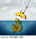 Lower returns business concept as a three dimensional dollar sign in the water with a fishing hook pulling a small portion of the financial symbol as a protit taking metaphor for inferior performance. Стоковое фото, агентство Ingram Publishing / Фотобанк Лори