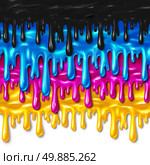 CMYK paint concept as wet pouring pigment with black cyan magenta and yellow liquid colors spilling and flowing down as a creative expression for print or the printing industry. Стоковое фото, агентство Ingram Publishing / Фотобанк Лори