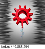 Financial bubble business concept as a vulnerable red balloon shaped as a machine gear or cog wheel floating between dangerous pointy needles as a metaphor for risky investment and overvalued stock price or inflated industry. Стоковое фото, агентство Ingram Publishing / Фотобанк Лори