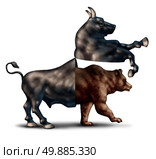 Bear market correction financial business concept as a bull opening up and revealing an emerging bearish stock market  as a metaphor for change in investing sentiment and markets headed towards negative territory. Стоковое фото, агентство Ingram Publishing / Фотобанк Лори