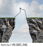 Overcoming an obstacle concept as a businessman with very long legs walking past through two high cliffs as a success bridge metaphor to surmount an obstruction and solve a problem. Стоковое фото, агентство Ingram Publishing / Фотобанк Лори