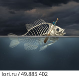 Resourcefulness recovery and ability business concept and managing a financial or environmental disaster crisis as a salvaging businessman on a fish skeleton rowing with a boat paddle towards new opportunities or climate change solution. Стоковое фото, агентство Ingram Publishing / Фотобанк Лори