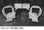 Speaking together social media concept as two crumpled pieces of paper shaped as a human head with talk bubbles or speech bubble icons taped as a communication symbol for business understanding and compromise agreement. Стоковое фото, агентство Ingram Publishing / Фотобанк Лори
