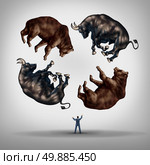 Investing in stocks concept as a financial advisor or stock broker businessman juggling a group of bears and bulls as a symbol and metaphor for the challenge and skill required for financial management of an investment portfolio. Стоковое фото, агентство Ingram Publishing / Фотобанк Лори