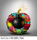 Disease time bomb medical health risk concept as a group of viruses bacteria and disease cells shaped as a lit bomb as a deadly risk metaphor for human infection risk. Стоковое фото, агентство Ingram Publishing / Фотобанк Лори