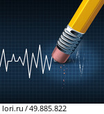 Shorten your life medical and health care problem concept as a life line or heart monitor ekg or ecg chart being removed by a pencil eraser as a healthcare risk metaphor for living an unhealthy lifestyle. Стоковое фото, агентство Ingram Publishing / Фотобанк Лори