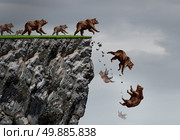 Falling bear market financial decline business and plummeting finance concept for losing investment and value taking a nose dive as a group of bears in a free fall  dive off a cliff as a bear icon in a financial collapse and stock market crisis. Стоковое фото, агентство Ingram Publishing / Фотобанк Лори