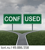 Confused cross road or crossroad choice concept and decision symbol as a metaphor for a dilemma pathway with two green highway signs with mixed direction text and advice or instructions deciding on a business or life way forward.

. Стоковое фото, агентство Ingram Publishing / Фотобанк Лори