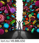 Medical success concept as a doctor or specialist physician opening a wall made of viruse bacteria and cancer disease cells as healthcare or health care symbol for medication treatmnt and cure or scientific breakthrough in medicine science. Стоковое фото, агентство Ingram Publishing / Фотобанк Лори