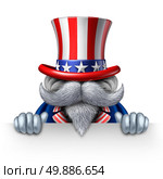 Uncle Sam character holding a blank horizontal sign as a patriotic icon of an American symbol of political government elections or fourth of july celebration person delivring a message. Стоковое фото, агентство Ingram Publishing / Фотобанк Лори