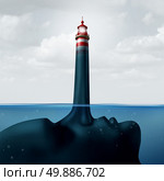 Mislead and misleading business concept as a human face under water with a liar nose protruding out shaped as a shinning beacon lighthouse providing false guidance and fraudulent advice. Стоковое фото, агентство Ingram Publishing / Фотобанк Лори