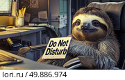 A slotty is holding a sign that says Do Not Disturb in a clear and stern manner. Стоковое AI-изображение, AI-художник Данила Большаков / Фотобанк Лори